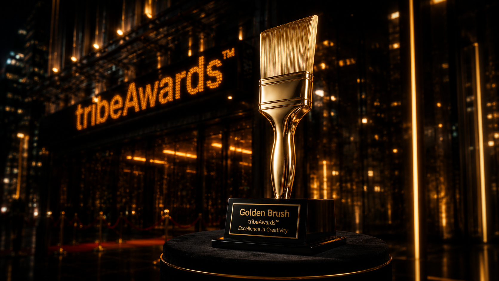 Golden Brush trophy in front of an amber marquee