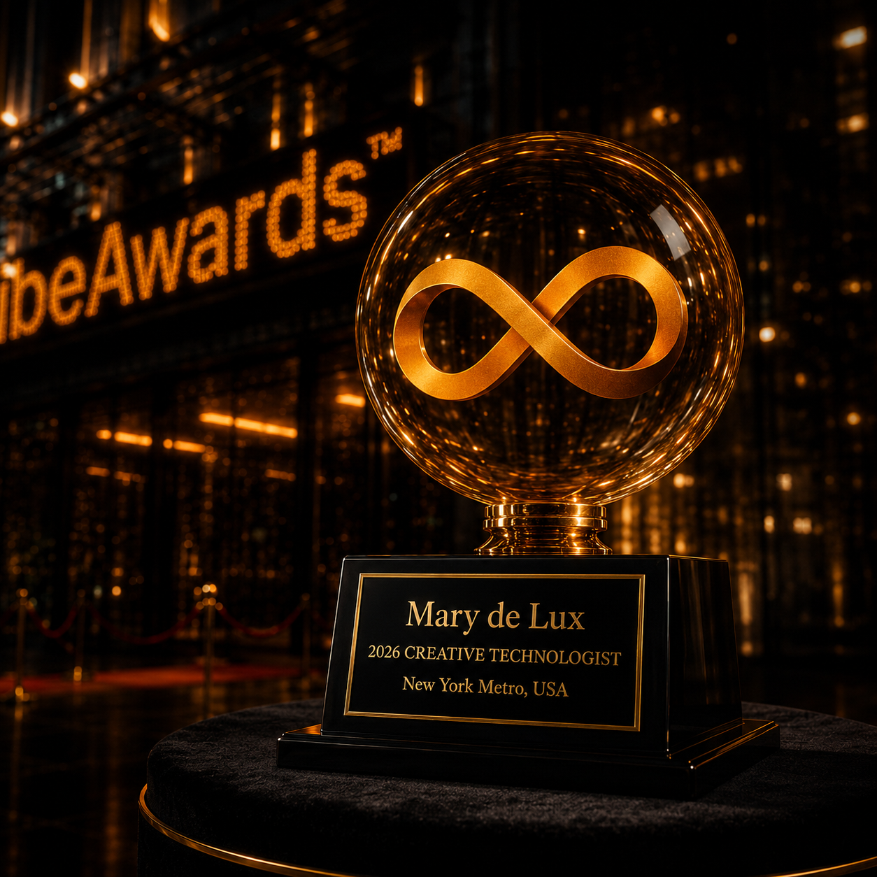 Infinity trophy with amber glass sphere and engraved plaque