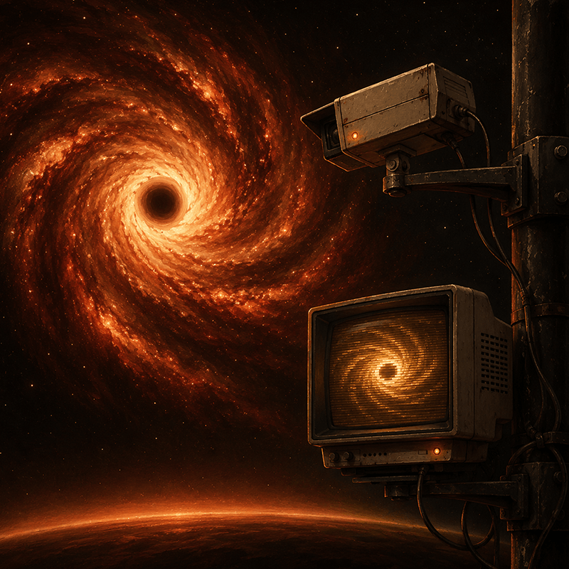 Surveillance camera and monitor against a cosmic vortex — representing freedom from digital surveillance